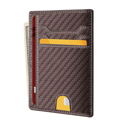 Brown textured wallet with two card slots, one yellow card visible, a side pocket, and contrast stitching.