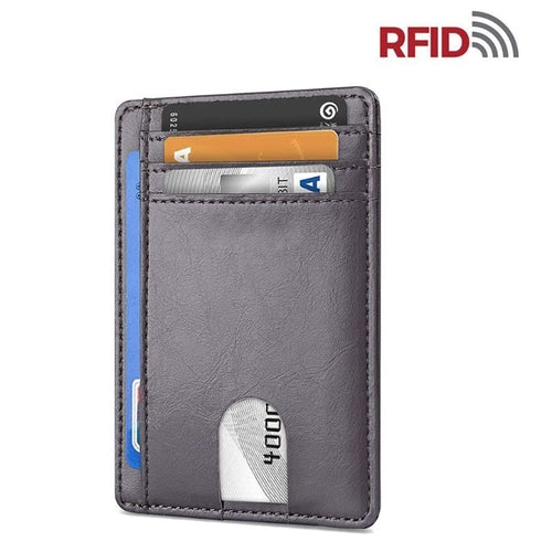 Gray RFID wallet with several cards visible in slots, featuring a slim and sleek design.