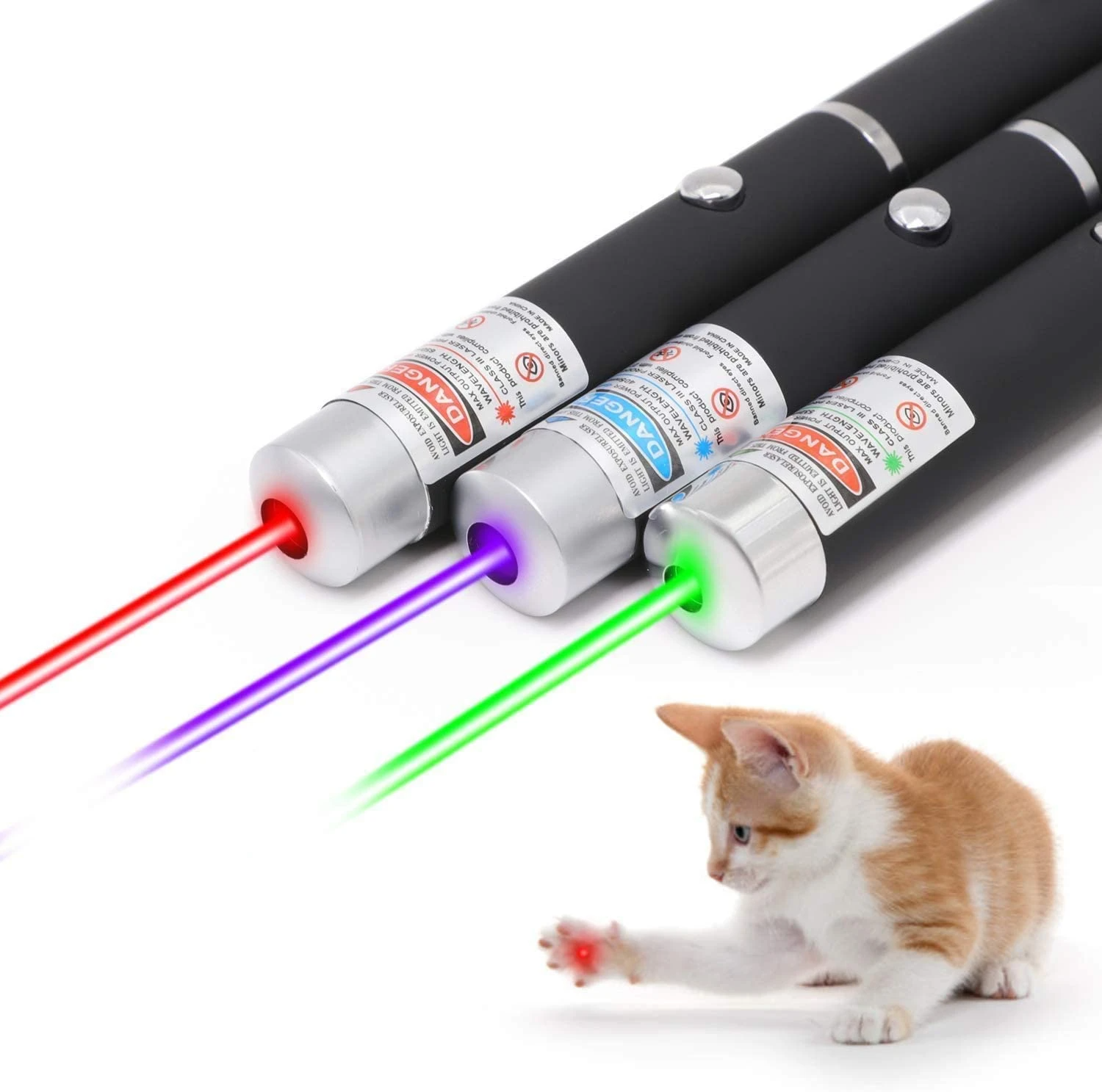 Three laser pointers emitting red, blue, and green beams; a kitten plays with the red dot.