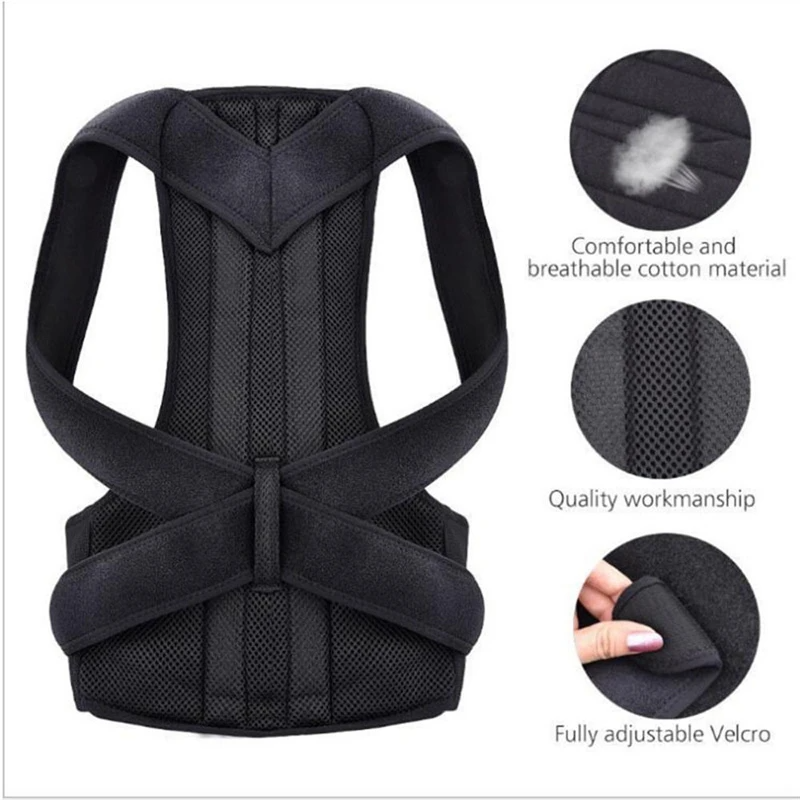 Black posture corrector with adjustable Velcro, breathable material, and quality stitching details.
