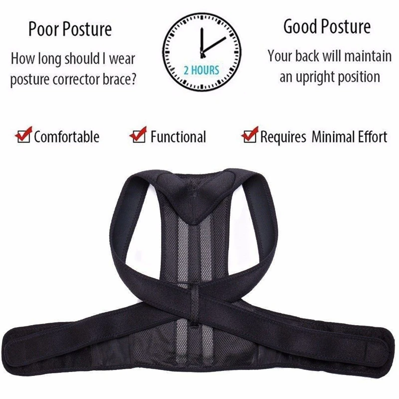 Black posture corrector brace with straps, featuring benefits and clock icon indicating 2 hours use.