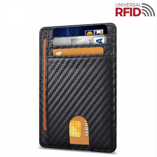 Sleek black carbon fiber wallet with RFID, holding various credit cards, one partially visible.