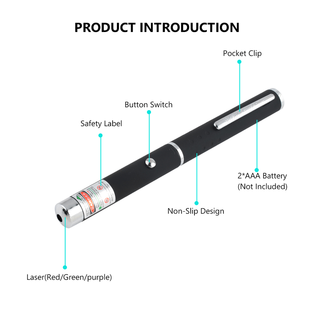 Black laser pointer with pocket clip, labeled parts, and a non-slip design. Uses 2 AAA batteries.