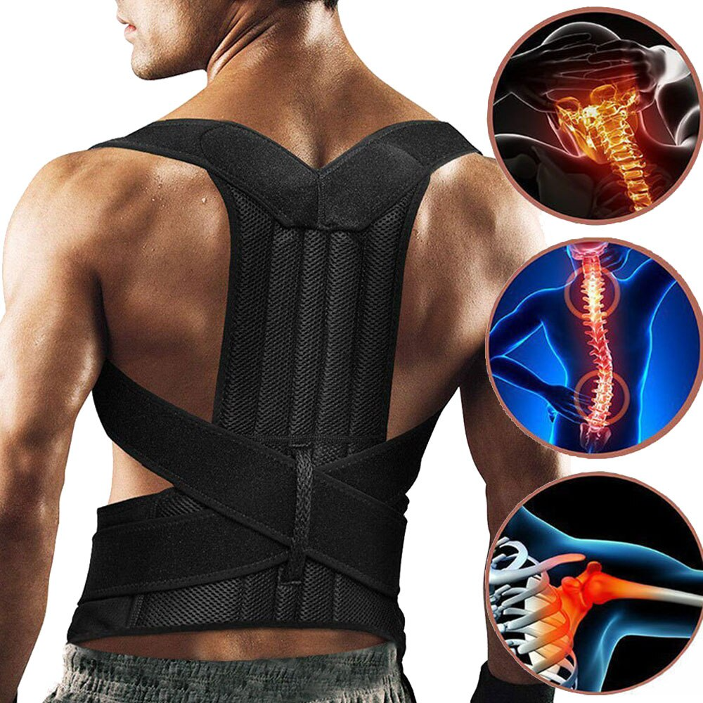 Man wearing a black posture brace; insets show spine and shoulder illustrations with glowing highlights.