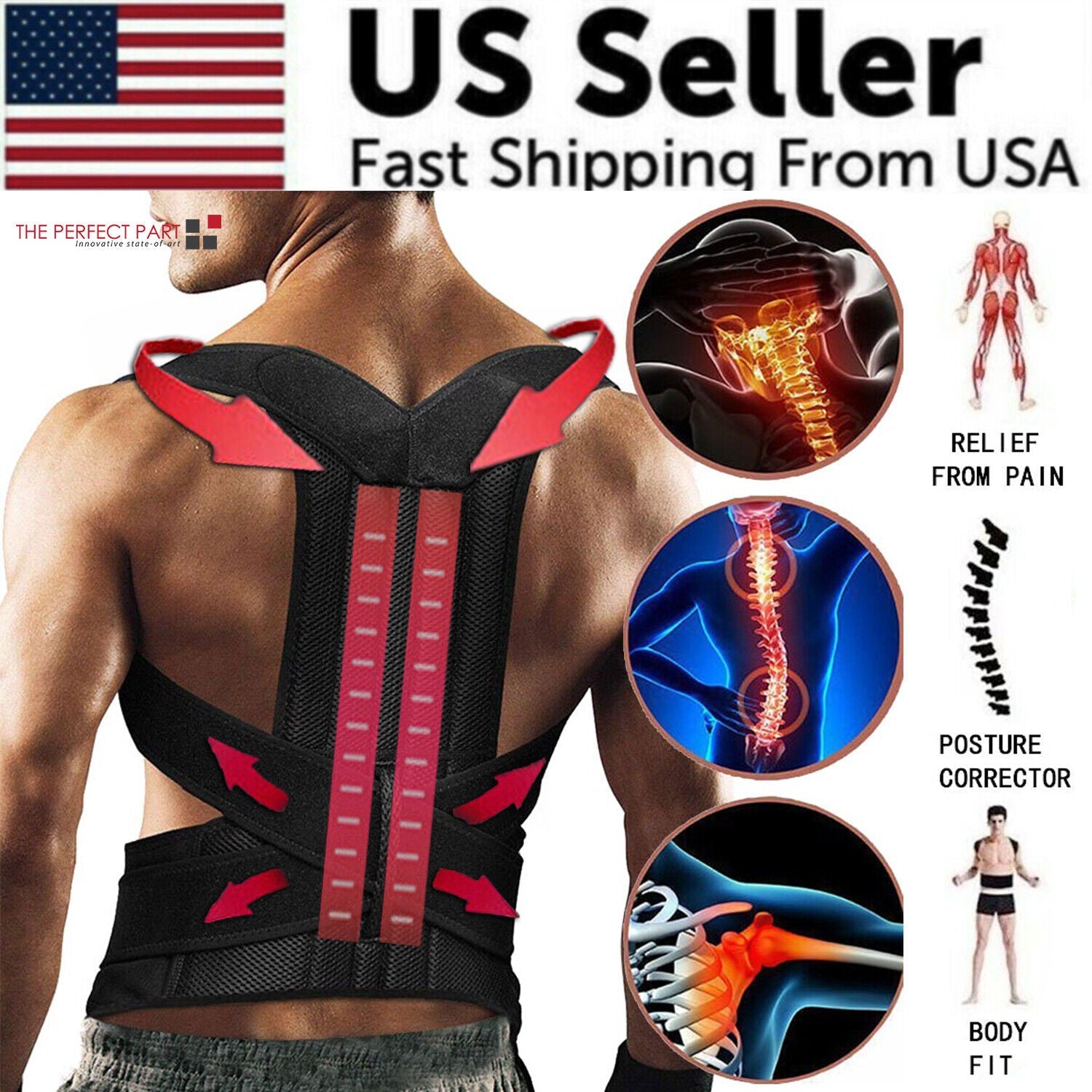 Man wearing a black posture corrector with red arrows, spine and joint pain relief graphics.