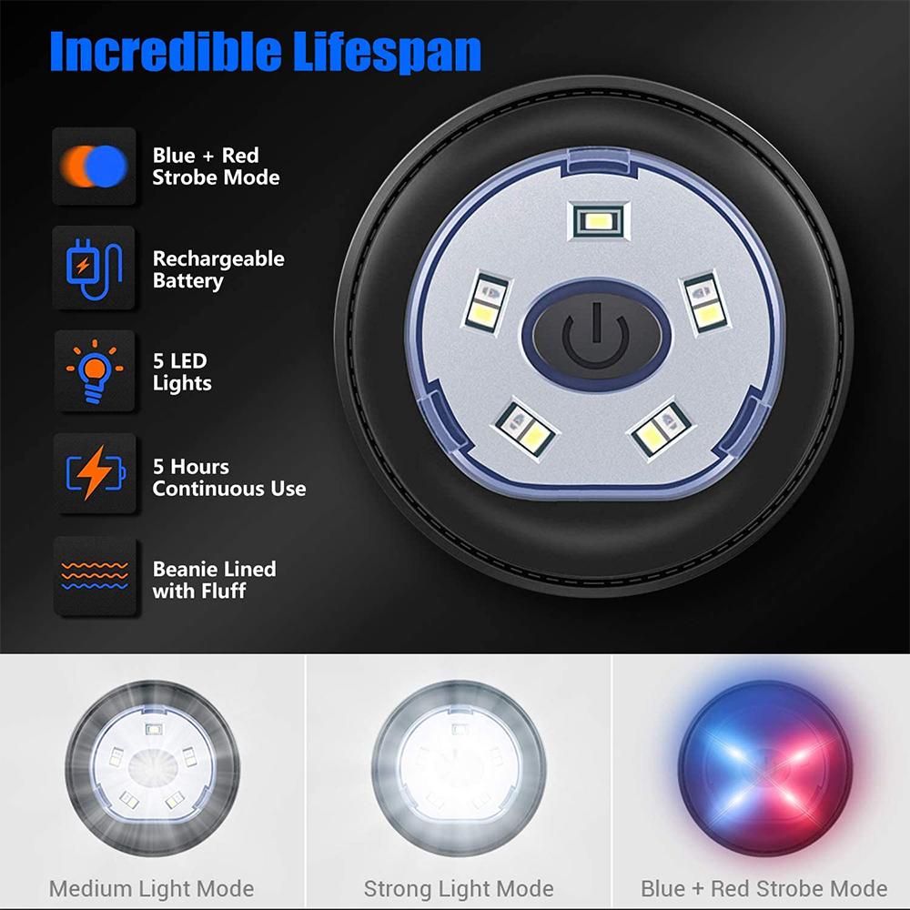 Black circular light with five LEDs, power button, and features text in blue and orange.
