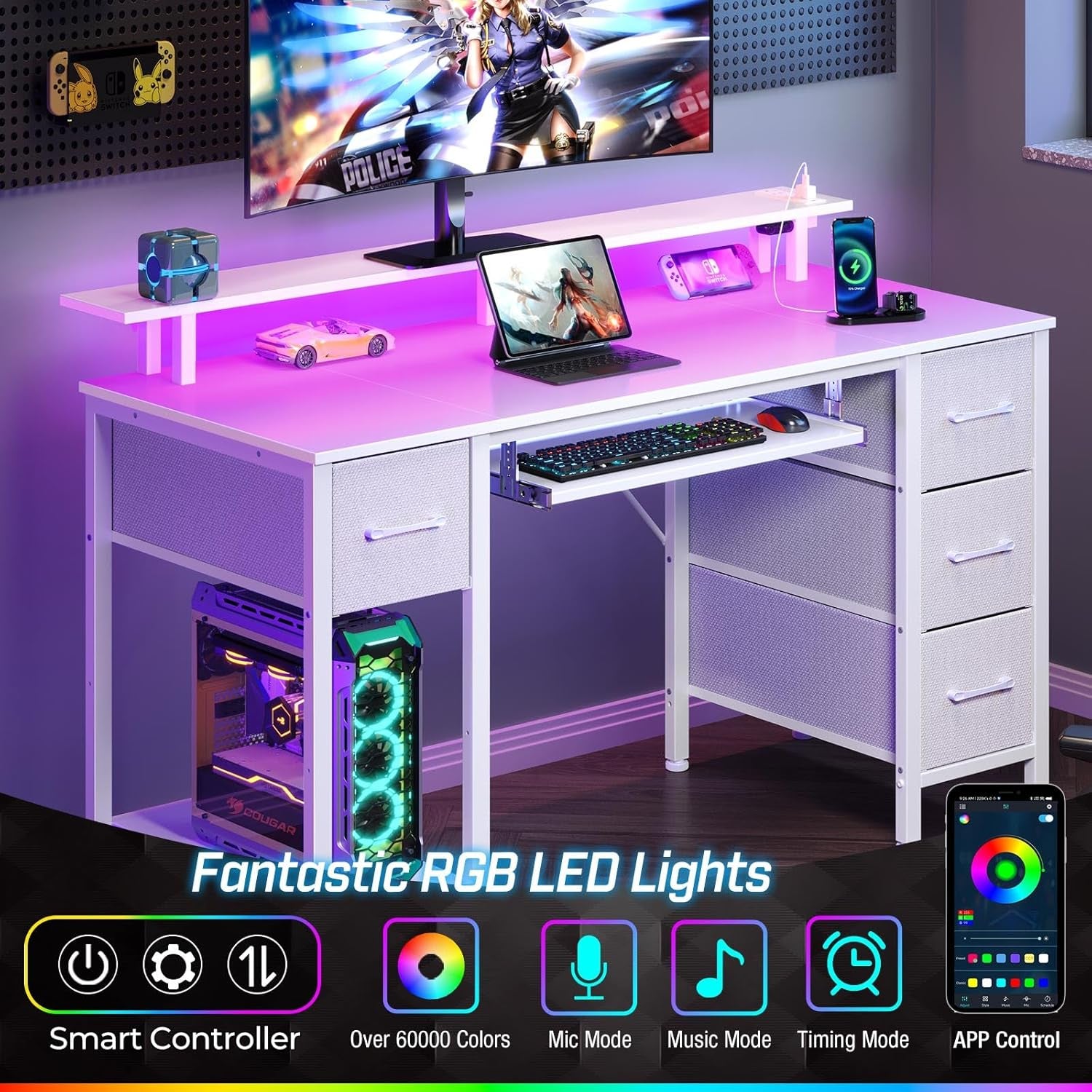 47.2 Inch White LED Desk With Power Outlets And Drawers-3