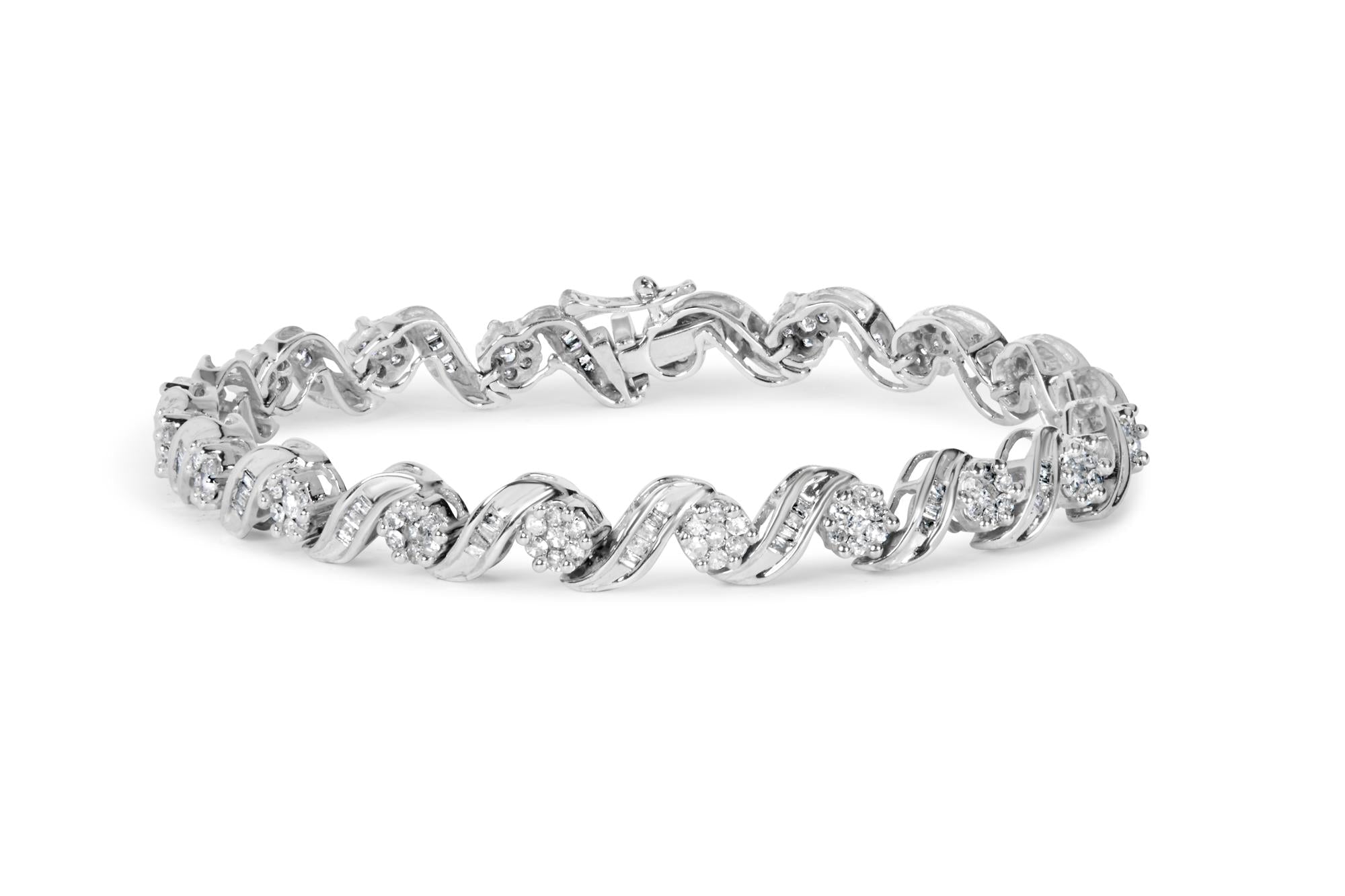 Silver bracelet with twisted links and embedded round crystals on a white background.