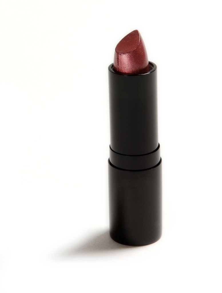 Dark red lipstick with a black tube, standing upright on a white background.