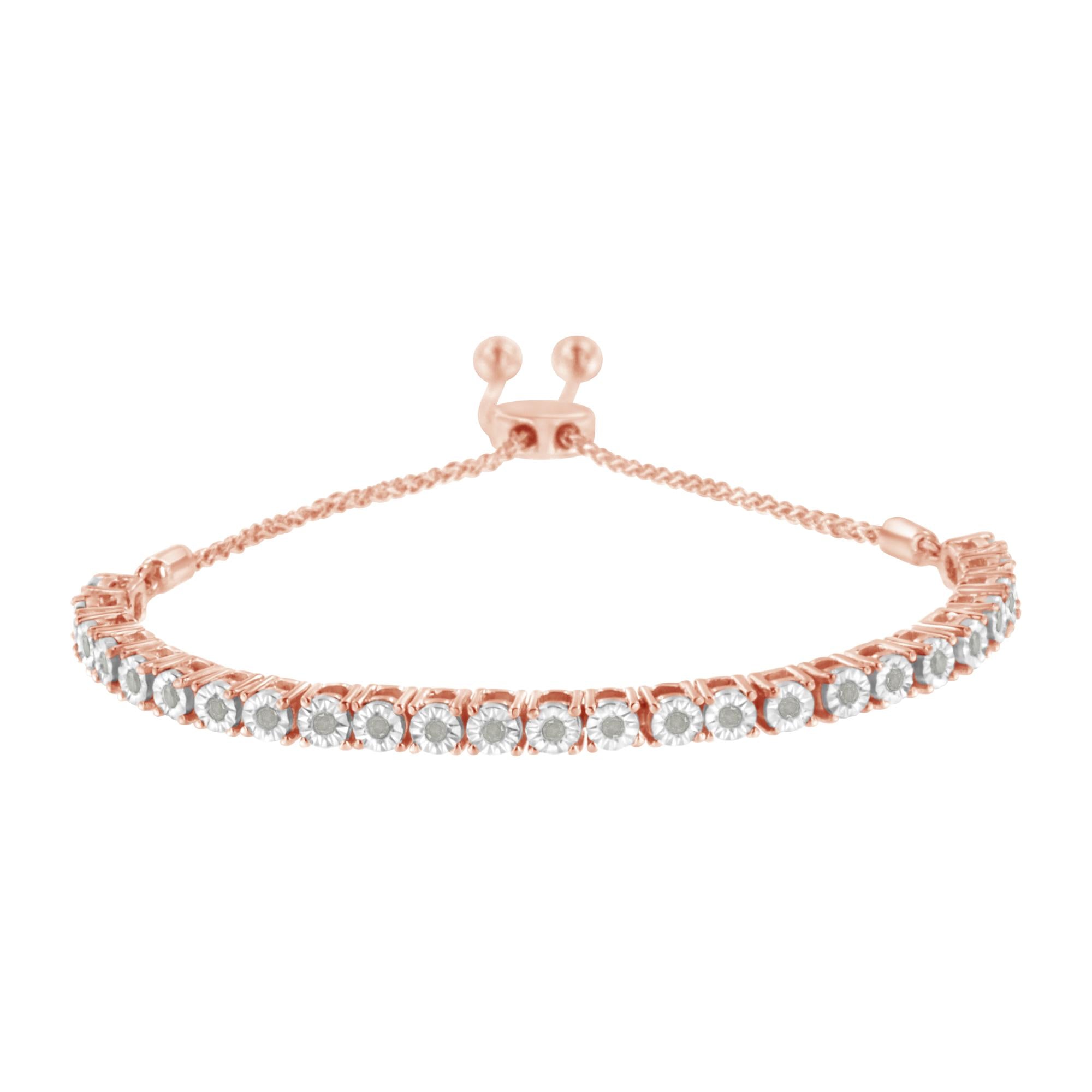 Rose gold bracelet with white stones in a tennis style, featuring an adjustable clasp.