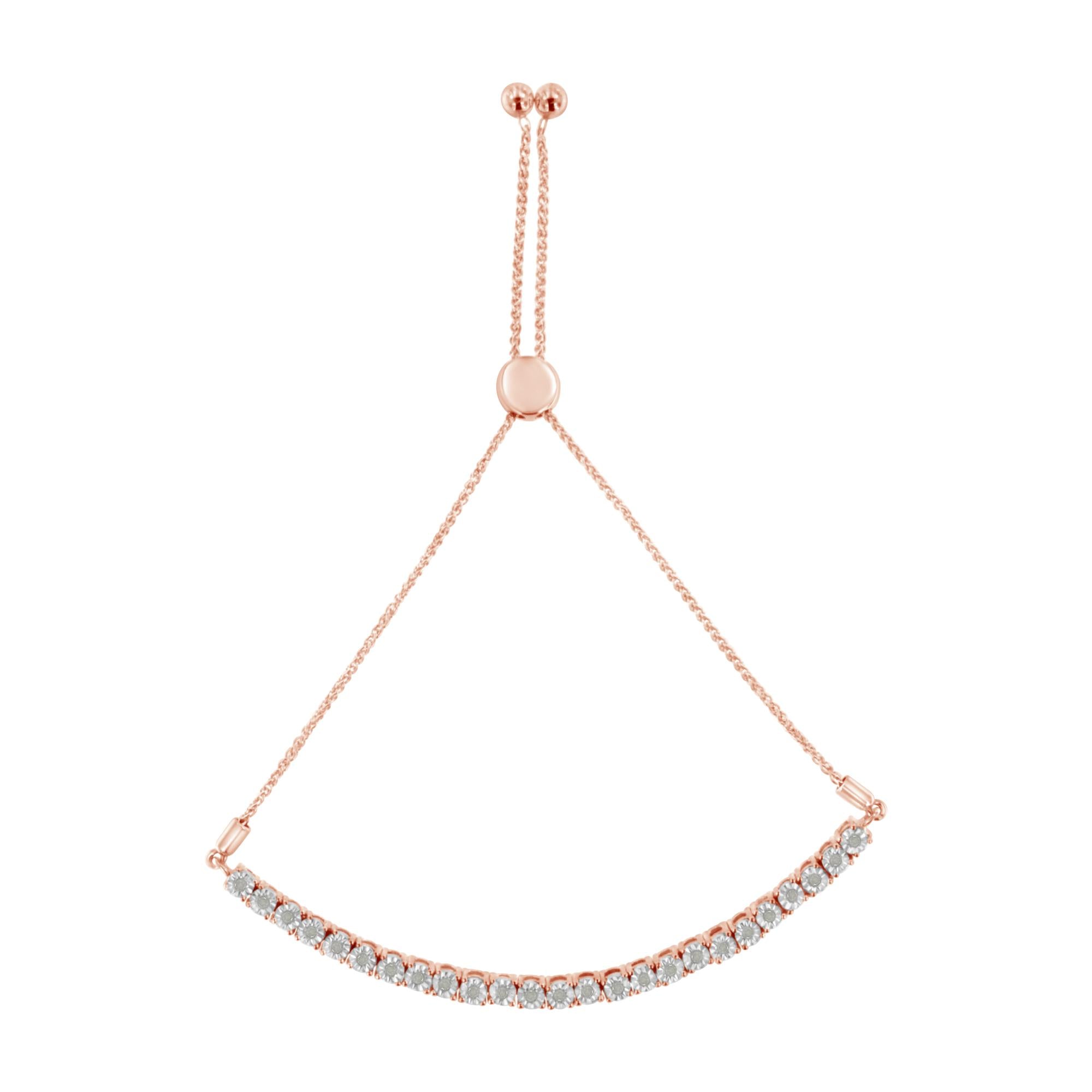 Rose gold bracelet with clear gemstones on an adjustable chain.