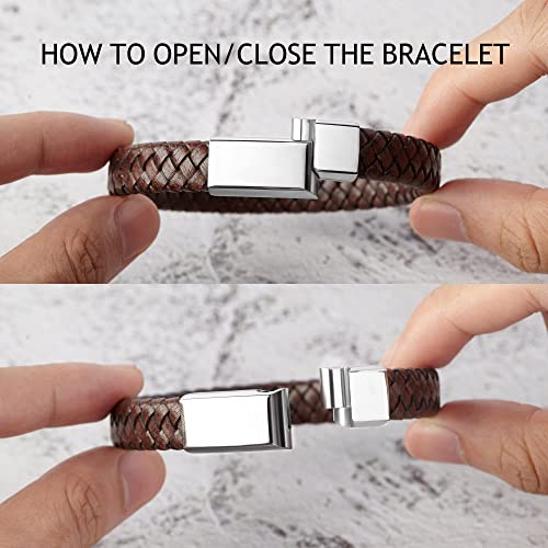 Brown braided bracelet with silver clasp, shown in open and closed positions with hands demonstrating.