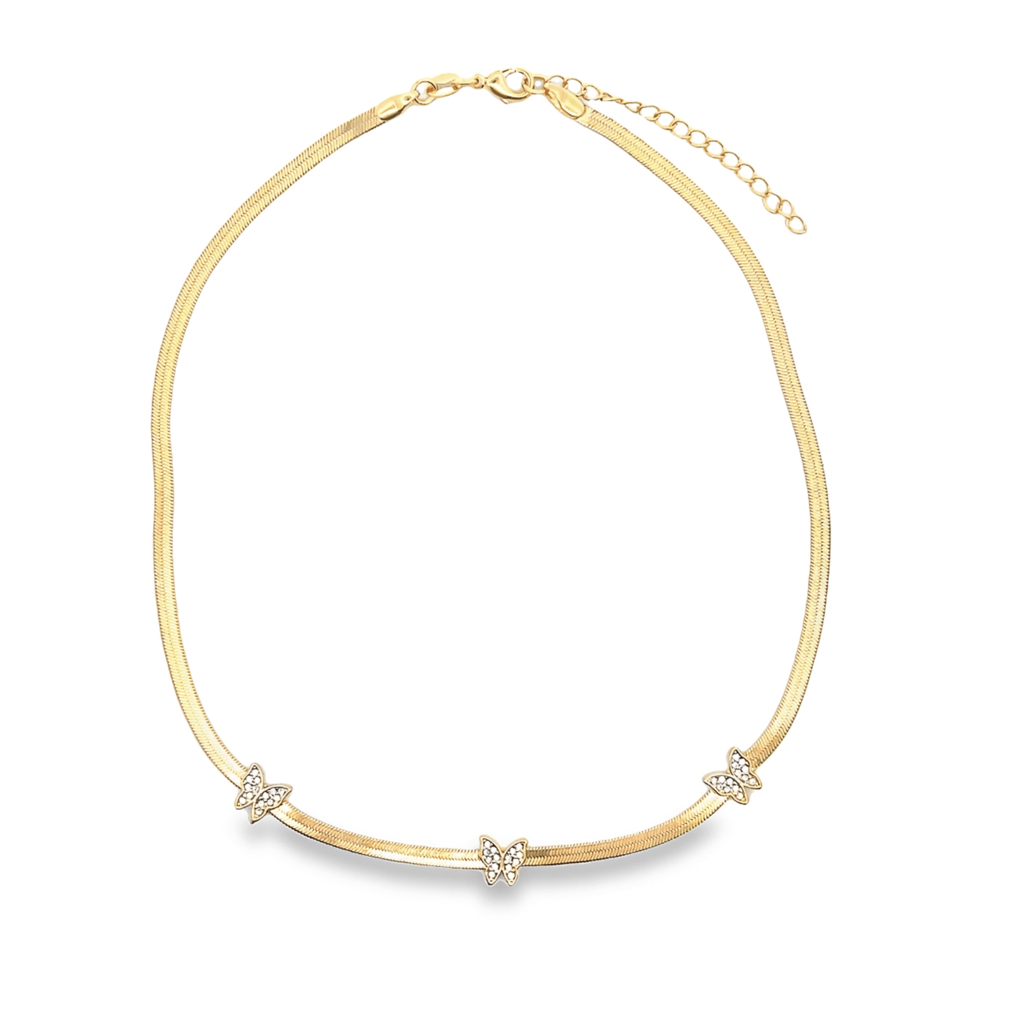 Gold choker necklace with three butterfly-shaped diamond accents, featuring an adjustable clasp.