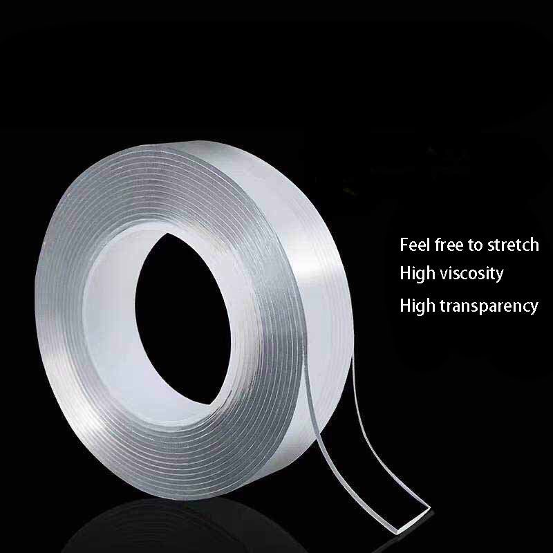 Transparent adhesive tape roll on black background with text highlighting stretch, viscosity, and transparency.