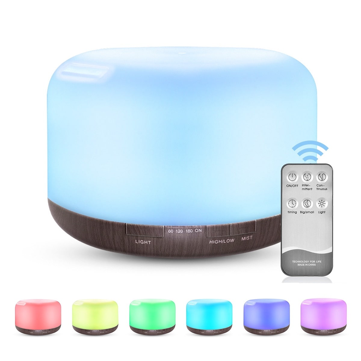 White oval diffuser with a blue LED light, wooden base, remote control, and multiple color options.