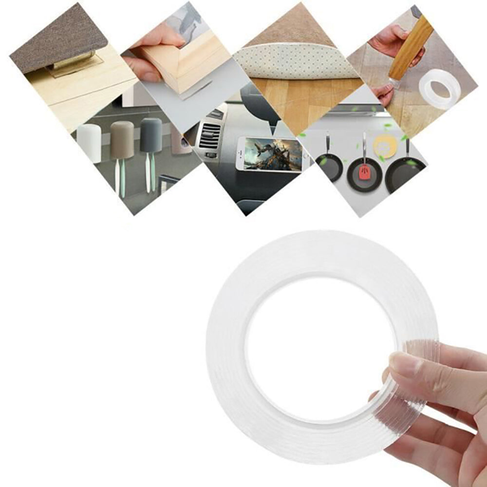 Clear adhesive tape held in hand, with uses shown: furniture, carpets, phone, hooks.