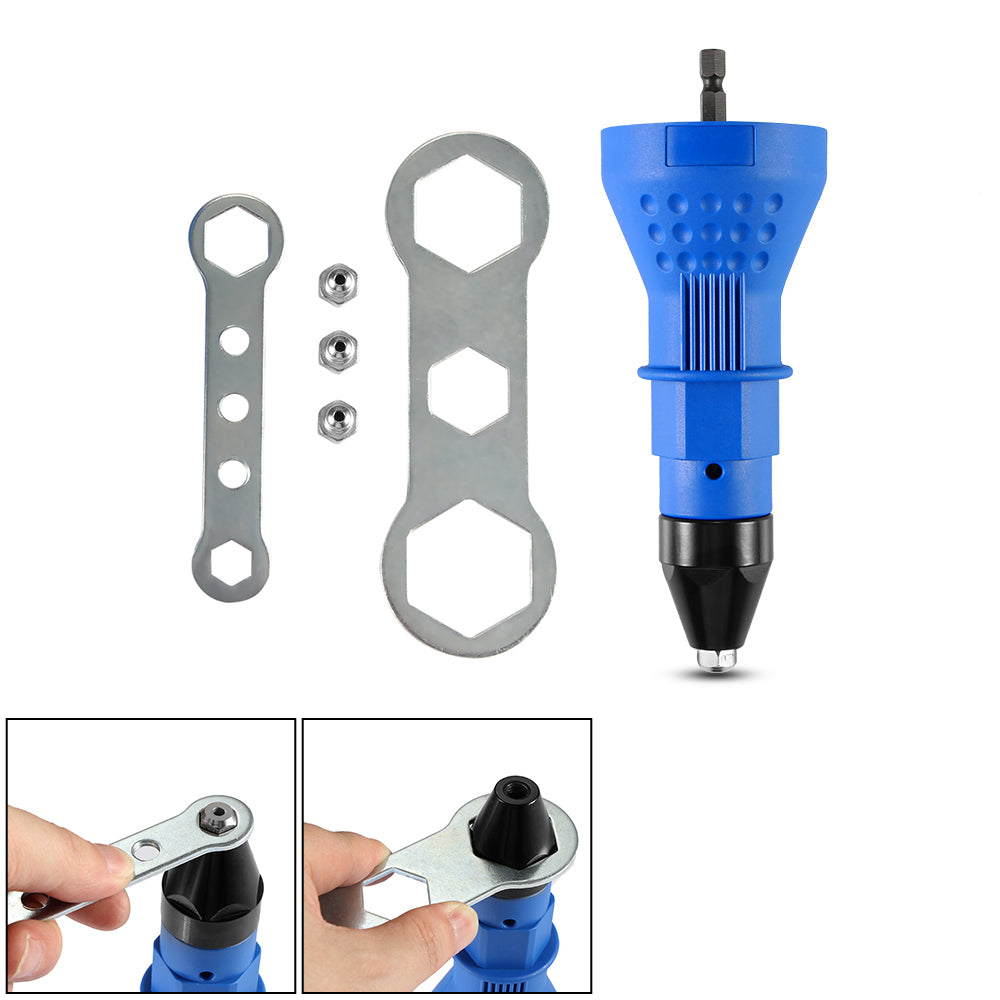 Blue tool with silver wrenches and nuts, detailed with usage insets at the bottom.