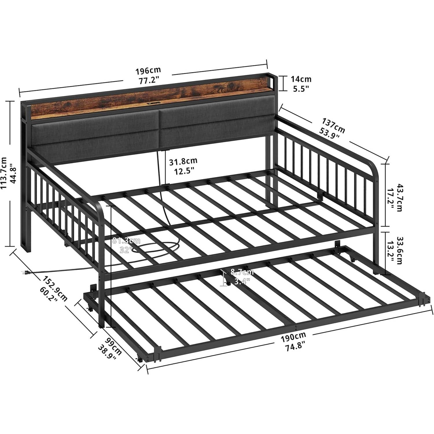 Full size Black Metal Daybed with Upholstered Headboard and Twin Trundle-4