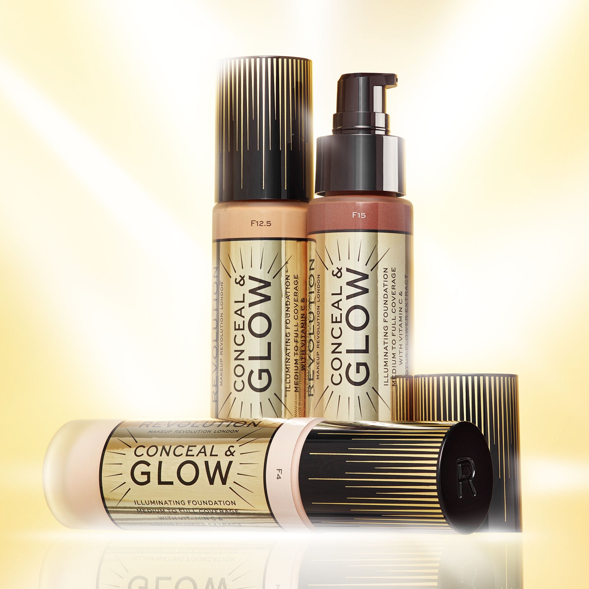 Three Conceal & Glow foundation bottles with gold accents on a light, glowing background.