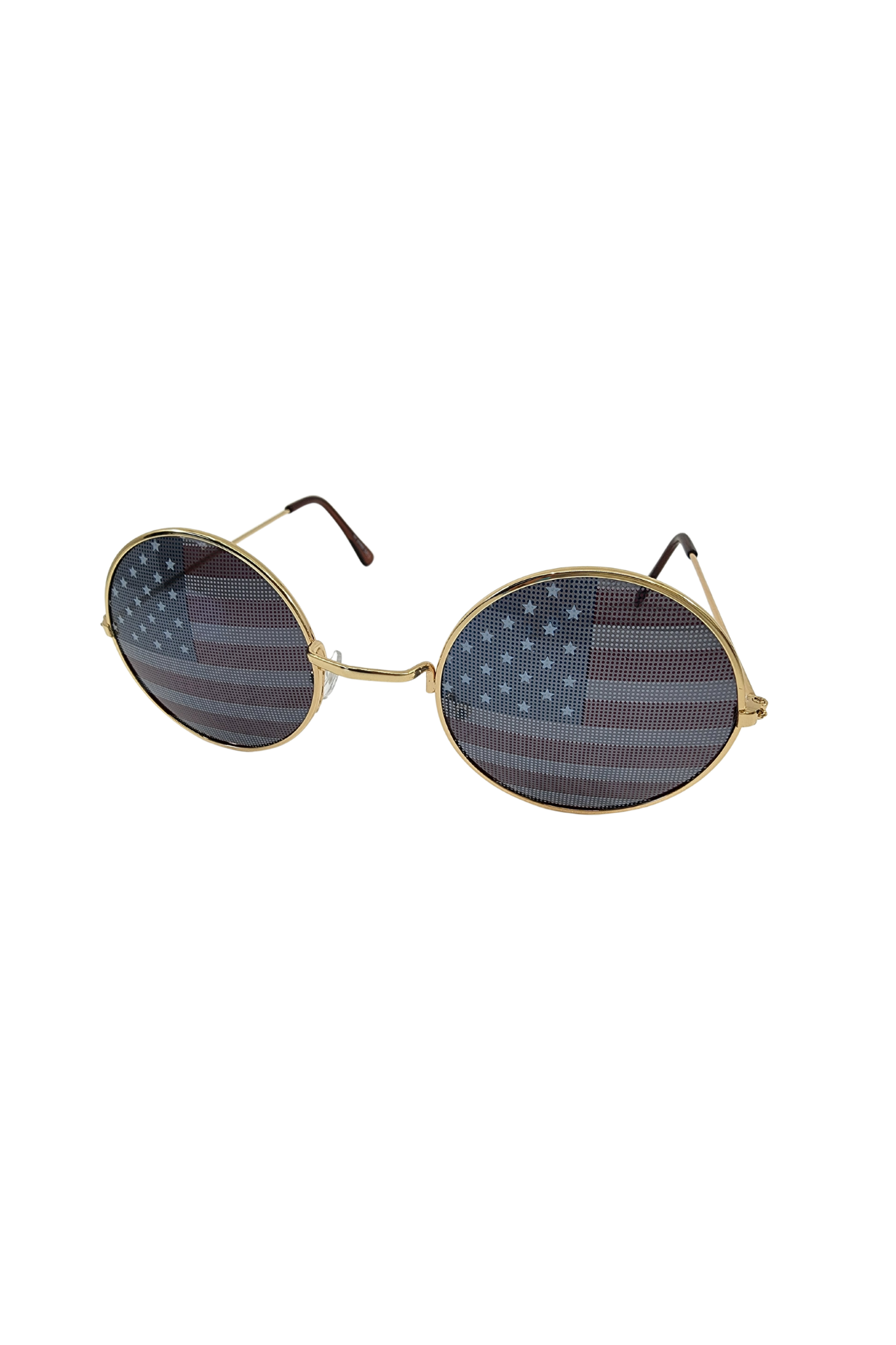 Gold round sunglasses with lenses featuring an American flag design.