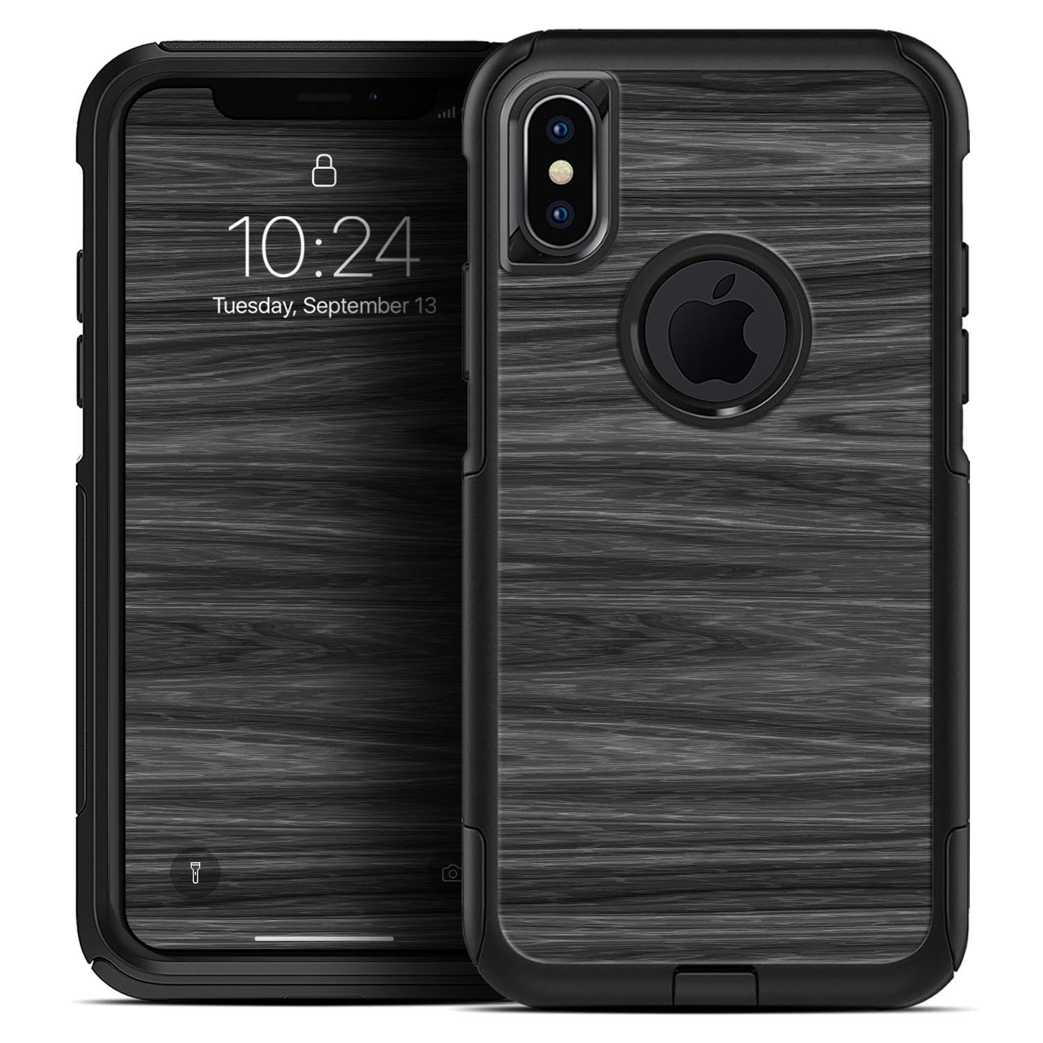 Smartphone with sleek wood-textured black case, dual camera, Apple logo, and lock screen display.