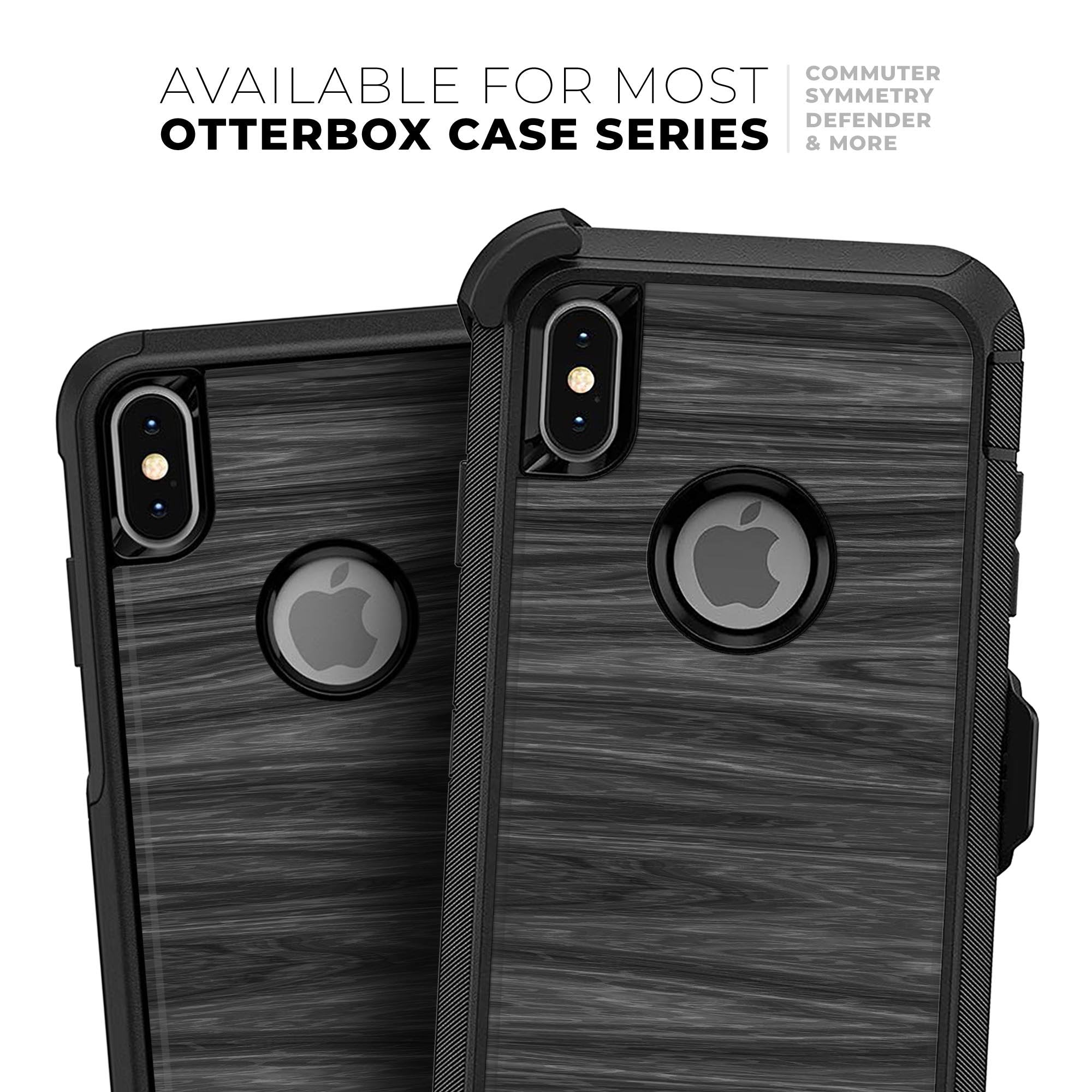 Two black and gray striped phone cases with Apple logo holes on a white background.