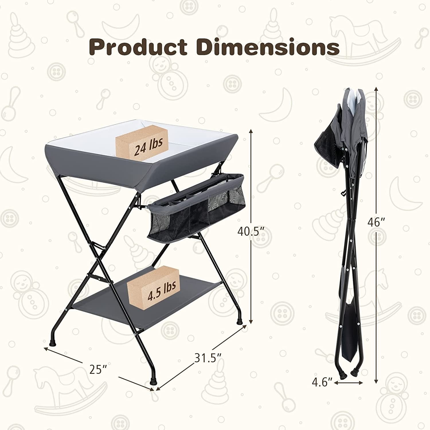 Grey Folding Wide Nursery Diaper Baby Changing Table-2