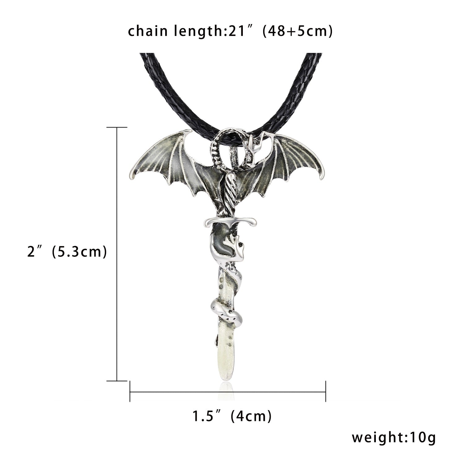 Silver bat-winged pendant with skull and snake, black cord chain. Dimensions: 2"x1.5".