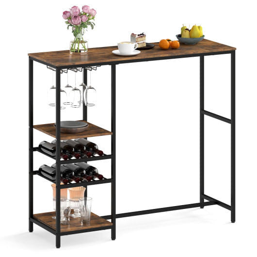 Long Bar Table Bar Height Dining Table with Storage Shelves-Rustic Brown-4