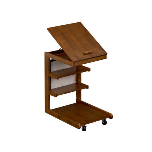 C-shaped End Table with Wheels and Adjustable Desktop for Sofa Couch Bedside-Natural-1