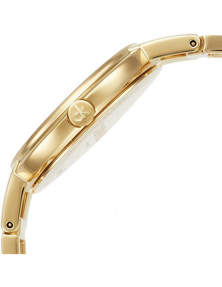 Side view of a sleek, gold wristwatch with a polished finish and a prominent crown detail.