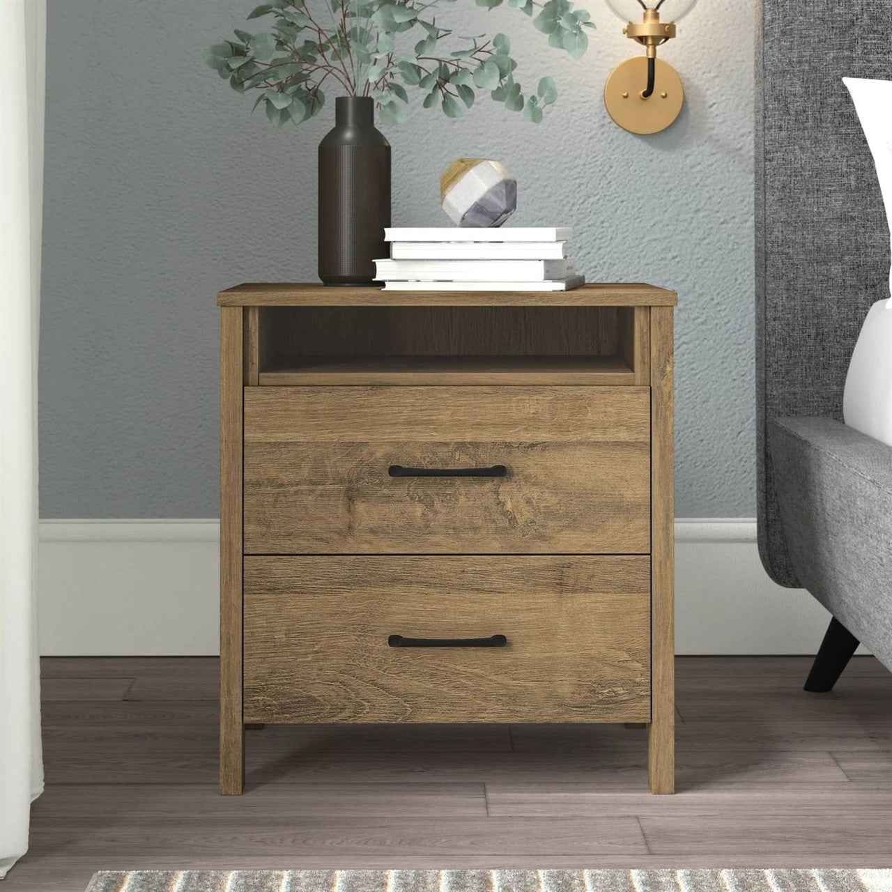 Modern Farmhouse 2-Drawer Nightstand Bedside Table in Brown Oak Wood Finish-2