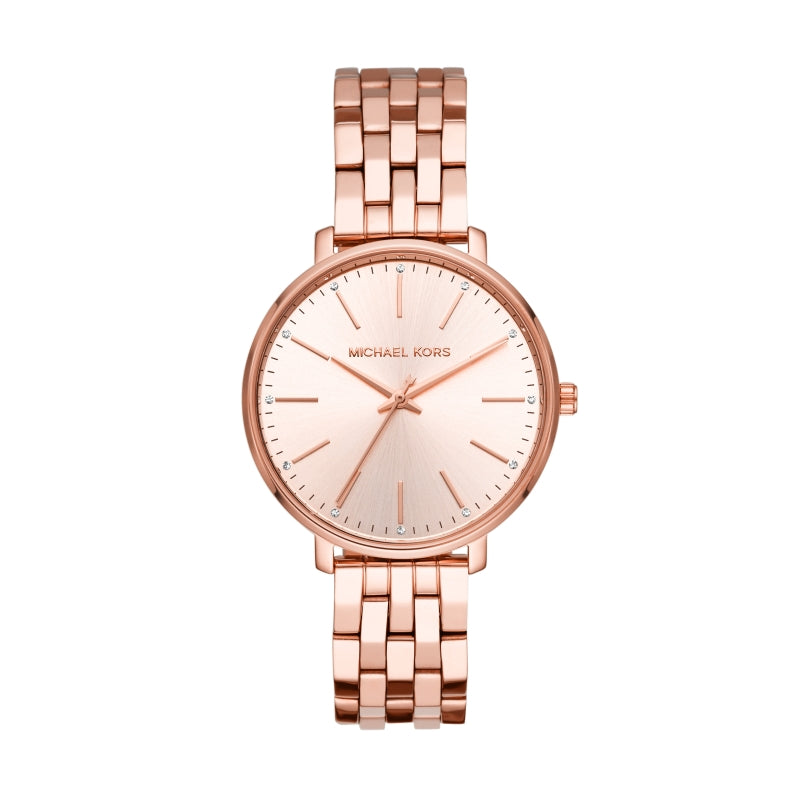 Rose gold watch with a sunburst dial, minimalist hour markers, and a linked bracelet band.
