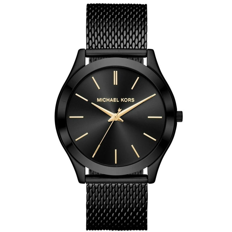 Sleek black watch with gold hour markers, black mesh band, and minimalist design.