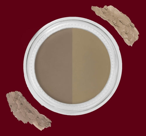 Dual-toned taupe and beige eyeshadow in a white case on a maroon background with powder swatches.