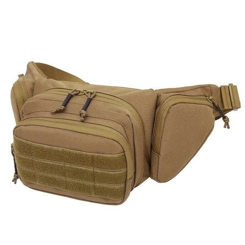 Tan tactical waist bag with multiple zipper compartments and adjustable strap.