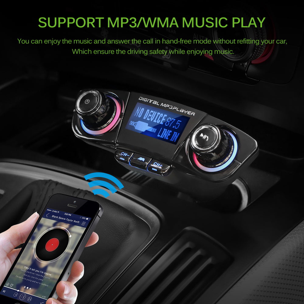 Car MP3 player with blue screen and knobs, phone streaming music via a wireless connection.