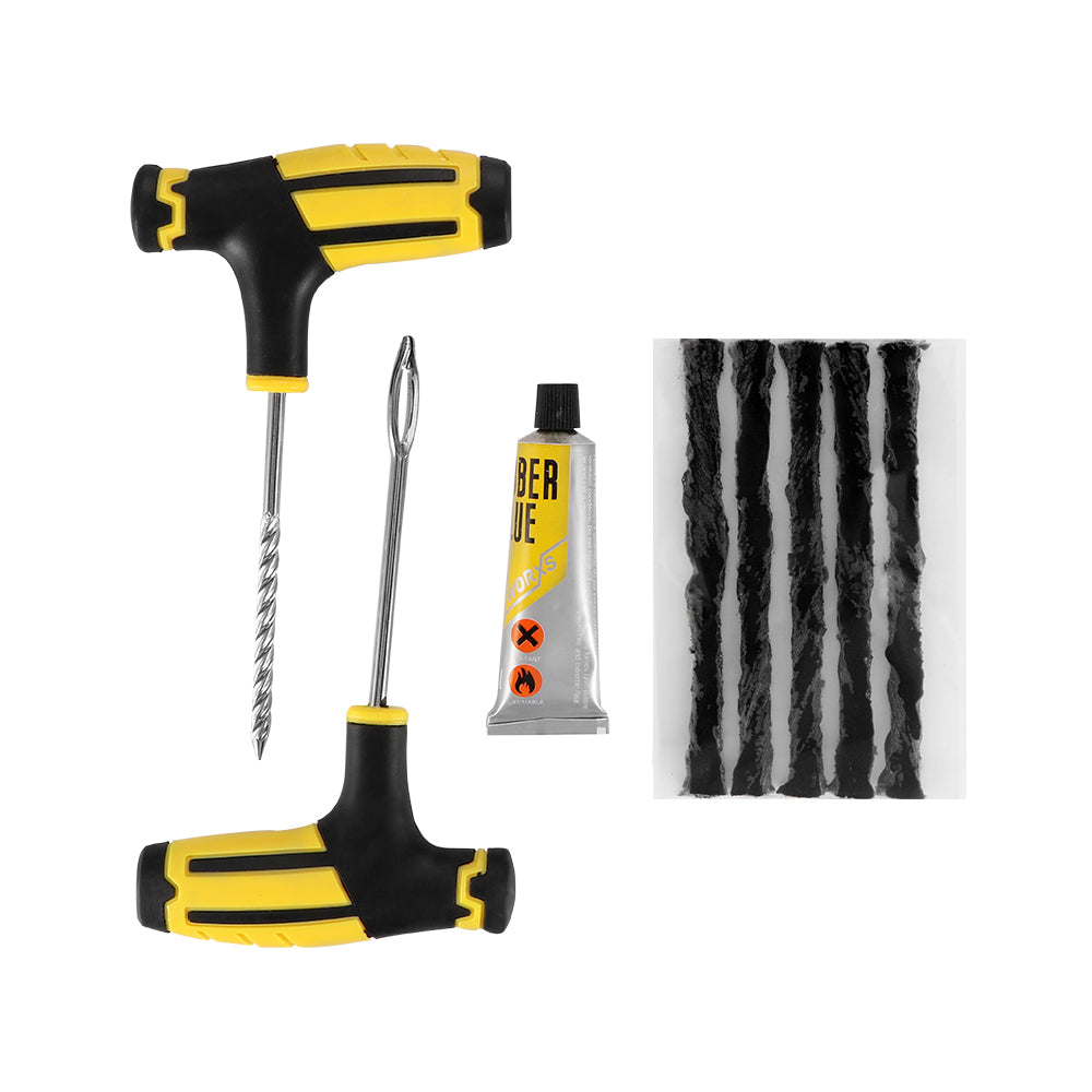 Yellow and black T-handled tools, glue tube, and black repair strips on white background.