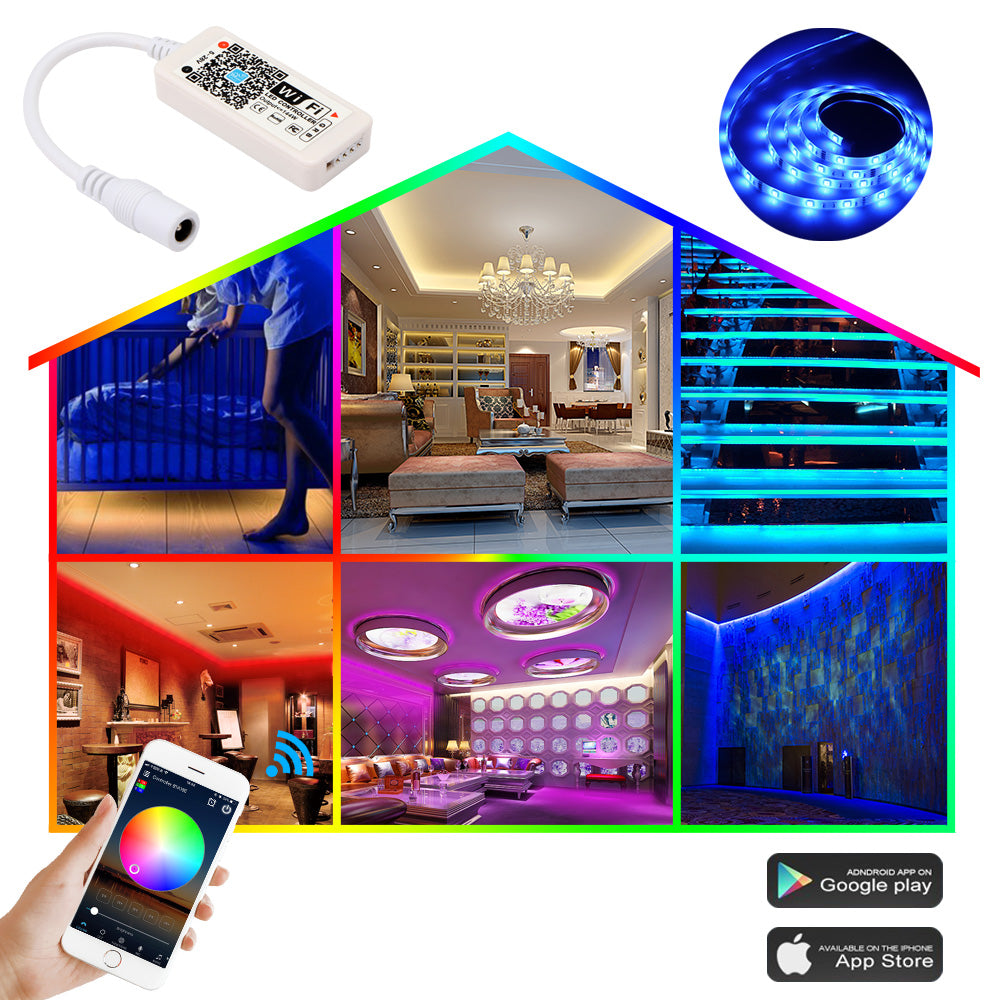Smart home lighting scenes with colorful LEDs, controlled by an app on a smartphone.