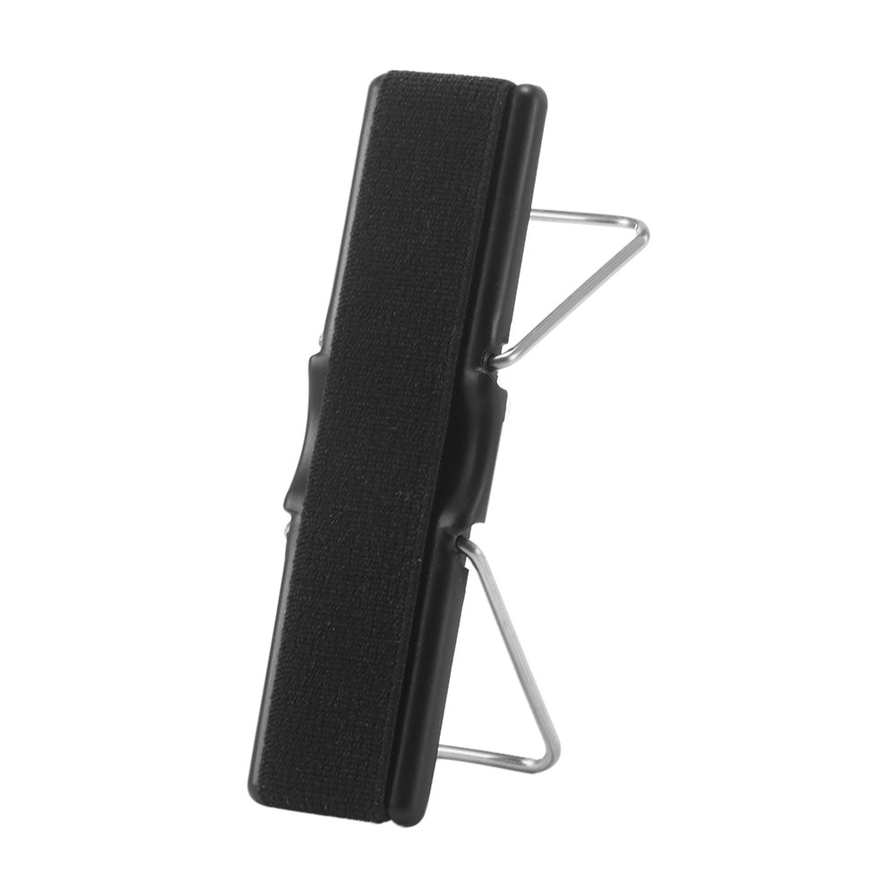 Black binder clip with silver metal handles on a white background.