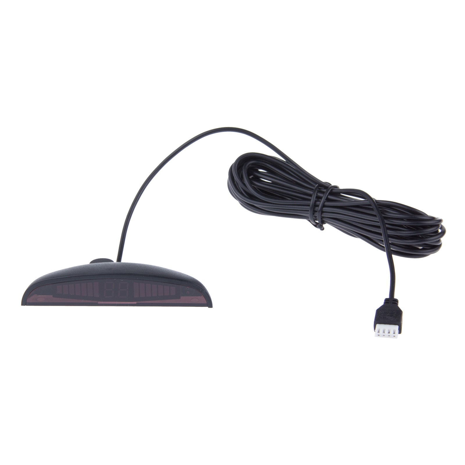 Black electronic sensor with digital display and long cable, coiled neatly on white background.