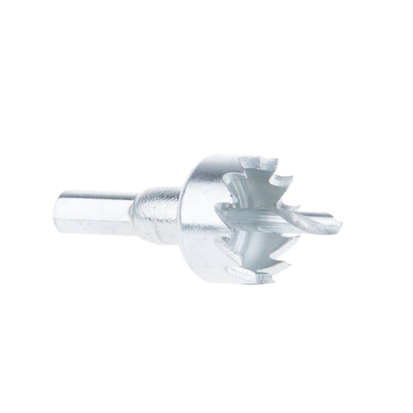 Silver metal hole saw drill bit with sharp teeth against a white background.