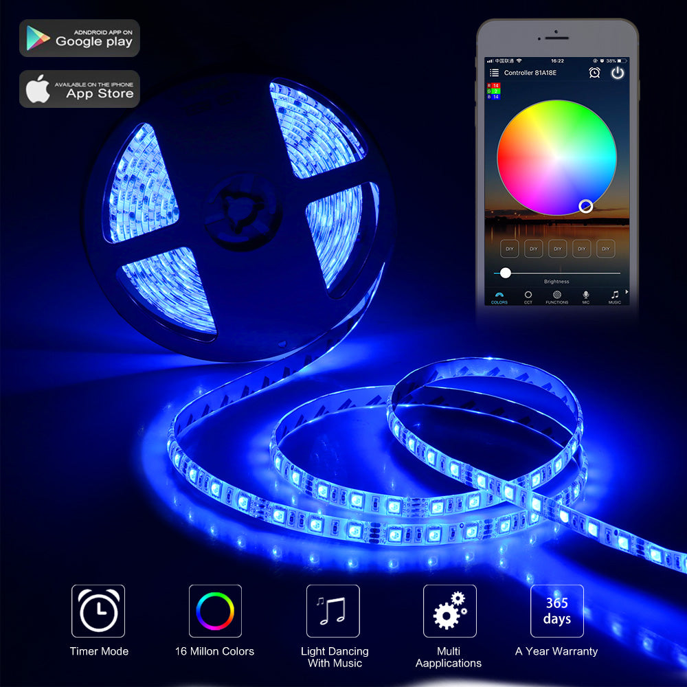 Blue LED strip lights on a reel, controlled by a smartphone app showing a color wheel.