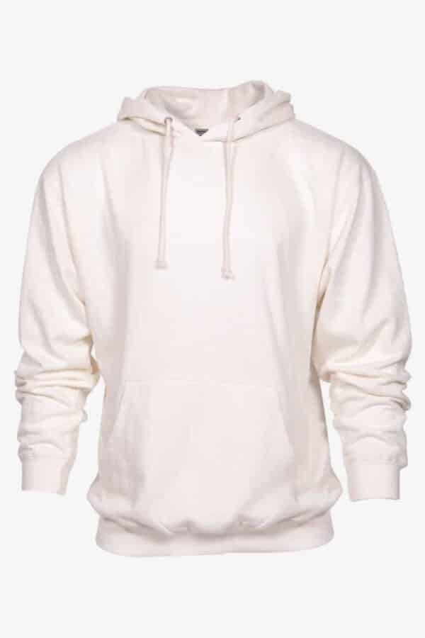 Cream-colored hoodie with a front pocket and drawstrings, displayed on a plain background.