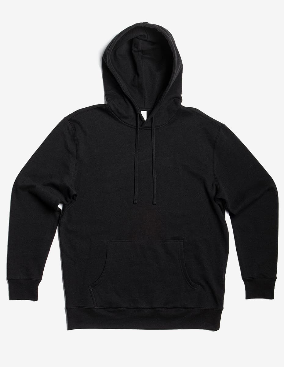 A plain black hoodie with a front pocket and drawstrings on a white background.