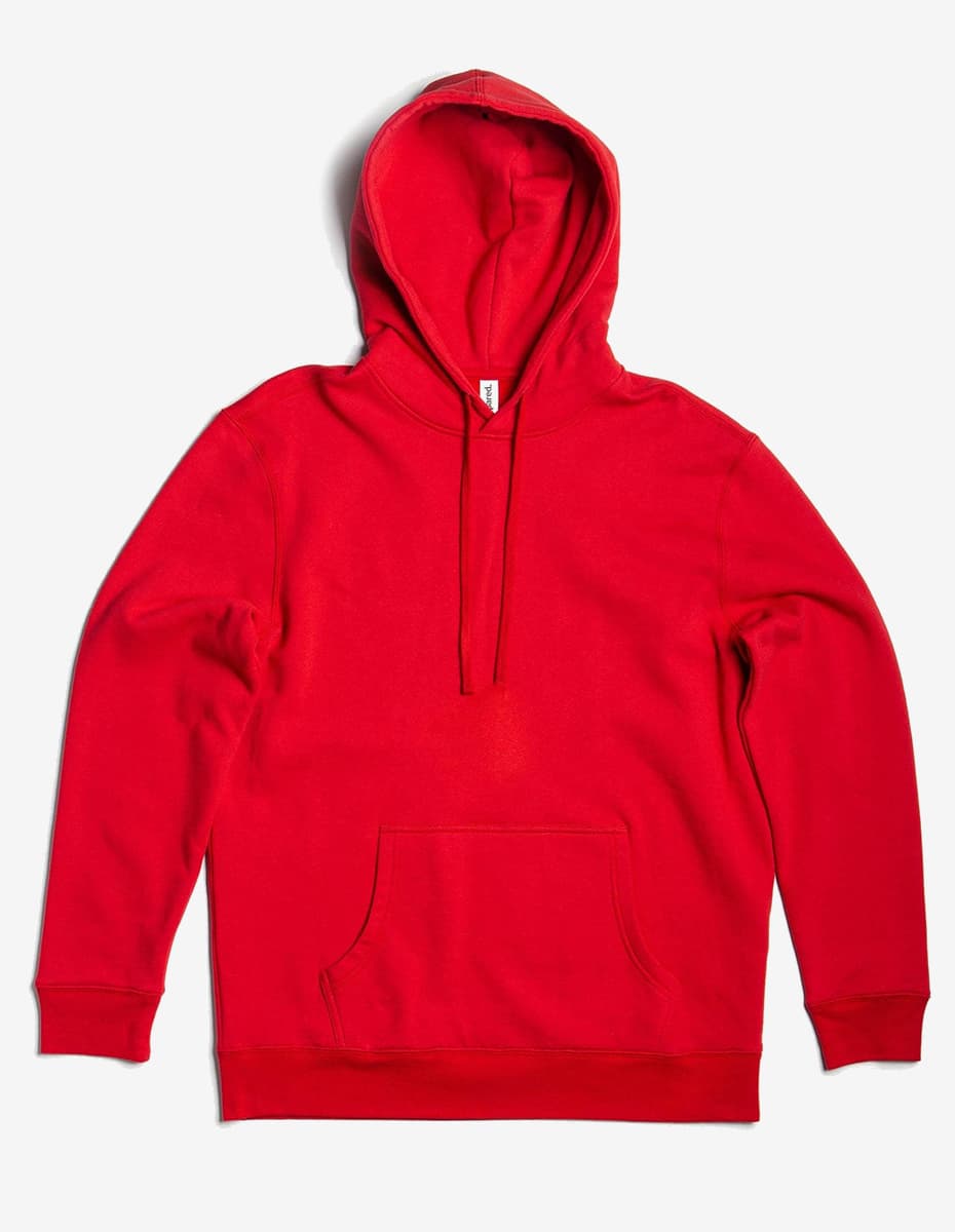 Red hoodie with drawstrings and front pocket on a white background.