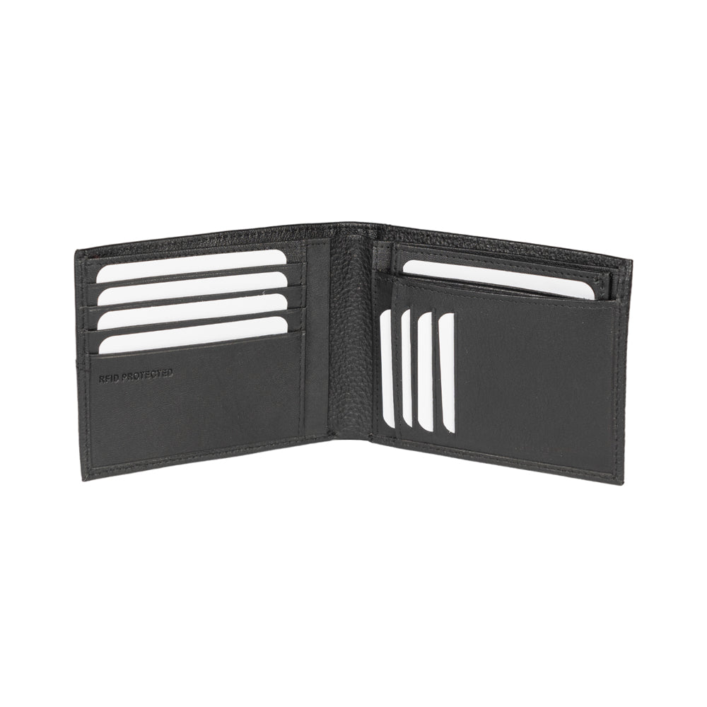 Black RFID-protected wallet, open with multiple card slots filled with white cards.