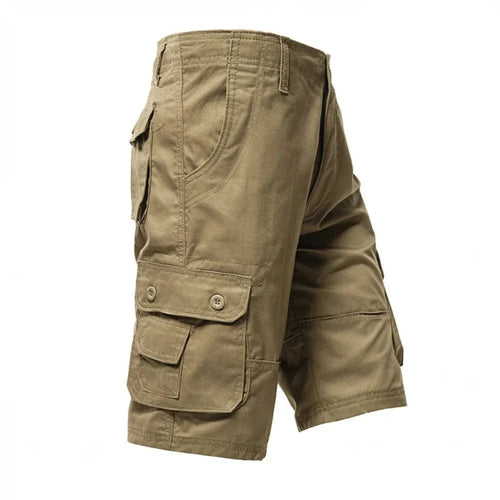 Khaki cargo shorts with multiple pockets, button closures, and a relaxed fit.