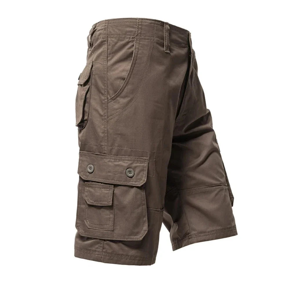 Brown cargo shorts with front and side pockets, two buttoned flaps, and belt loops.