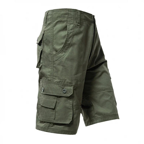 Olive green cargo shorts with multiple pockets and button closures, shown from a side angle.